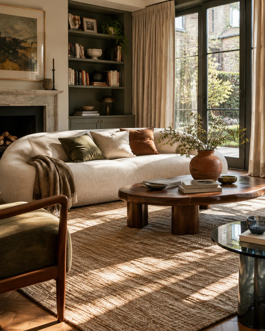 A considered living room with a linen sofa, terracotta vase and warm natural light